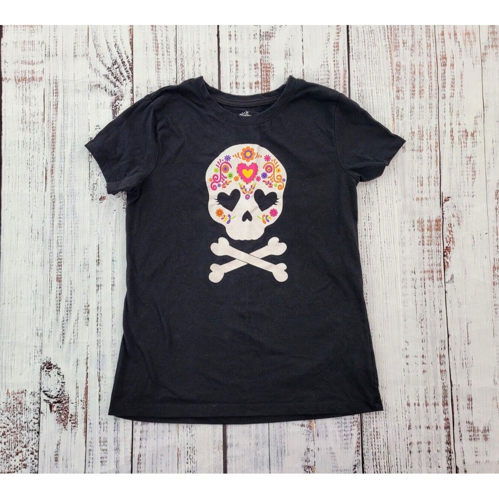 Celebrate Halloween Sugar Skull & Crossbones Black Short Sleeve Tee Girls XL